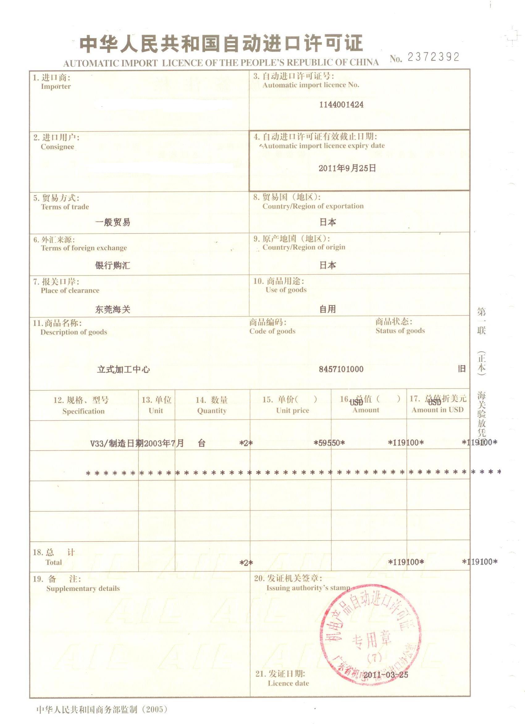 机电自动进口许可证
